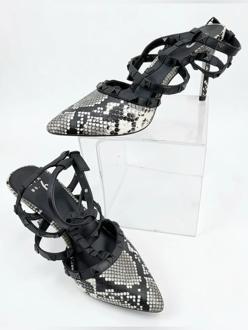 Mix No. 6 Black White Snakeskin Print Strappy Studded Pumps Heels - Size 8